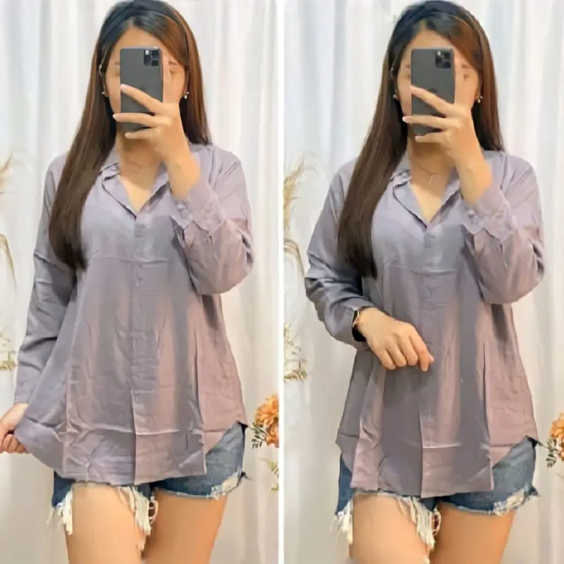 Kemeja polos crinkle wanita airflow/kemeja lengan panjang/kemeja polos wanita terbaru Atasan Airflow Panjang Baju Oversize Linen Dewasa Casual 4