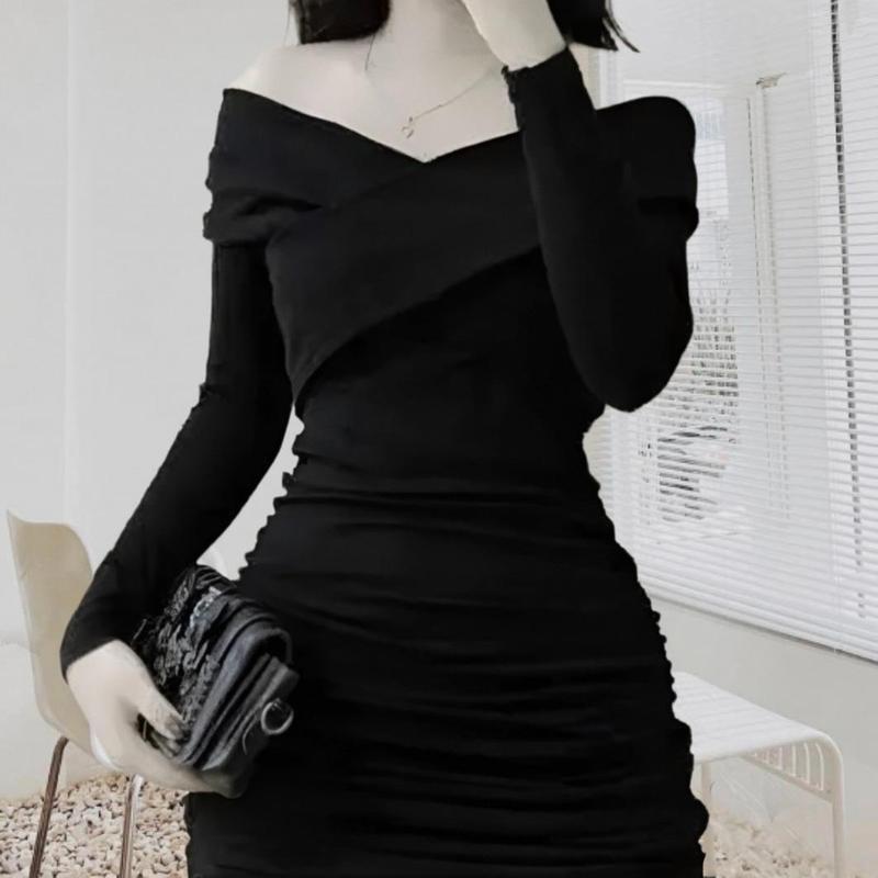 Hàng Trend Đầm Váy body trễ vai nhún eo sang chảnh Cổ chữ V Nữ Đen Dress