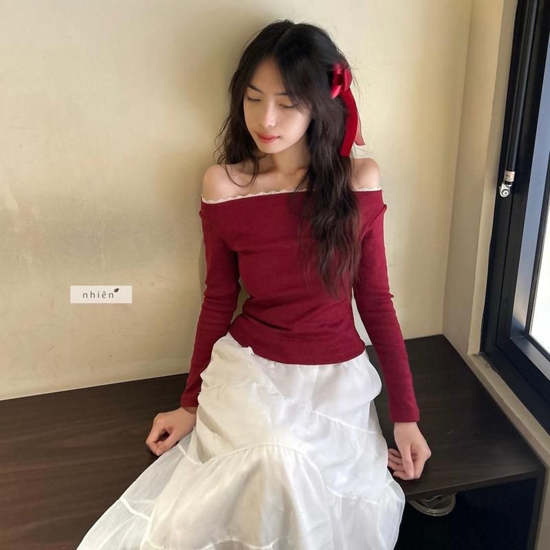 Lace Strapless Top - Áo thun trơn, áo thun nữ lệch vai tay dài nhiennhienvintage BA436 Women Shirt