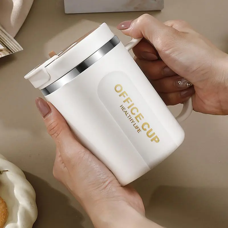 Stainless Steel Mug, 1 Count Double Wall Insulated Cup, Portable Water Cup, Insulated Coffee Cup with Lid & Spoon for Home Office