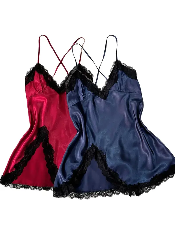 Women's Contrast Lace Criss Cross Bow Back Satin Cami Nightdress, Silky Naughty Lingerie, Night Gown for Women, House Dress for Women, Elegant Spaghetti Strap Split Hem Backless Night Gown, Ladies Summer Sleepwear & Loungewear, Pyjamas for Women 8