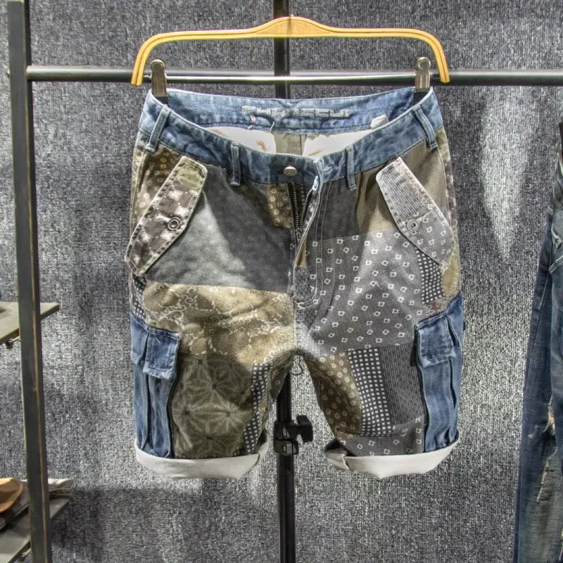 Quần Soóc Denim Bảo Hộ Lao Động Nhiều Túi Thương Hiệu Thời Trang Quần dài đến đầu gối In Khâu Mỏng Mùa Hè Cho Nam Quần Thường Ngày Dáng Rộng Giữa Cho Nam Menswear Jean Pants