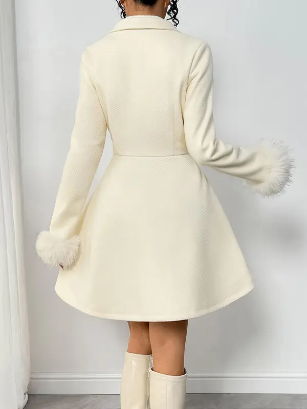 Women's Solid Button Front Faux Fur Trim Lapel Neck Coat, Casual Long Sleeve Outerwear for Fall & Winter, Women's Clothing for Daily Wear 1