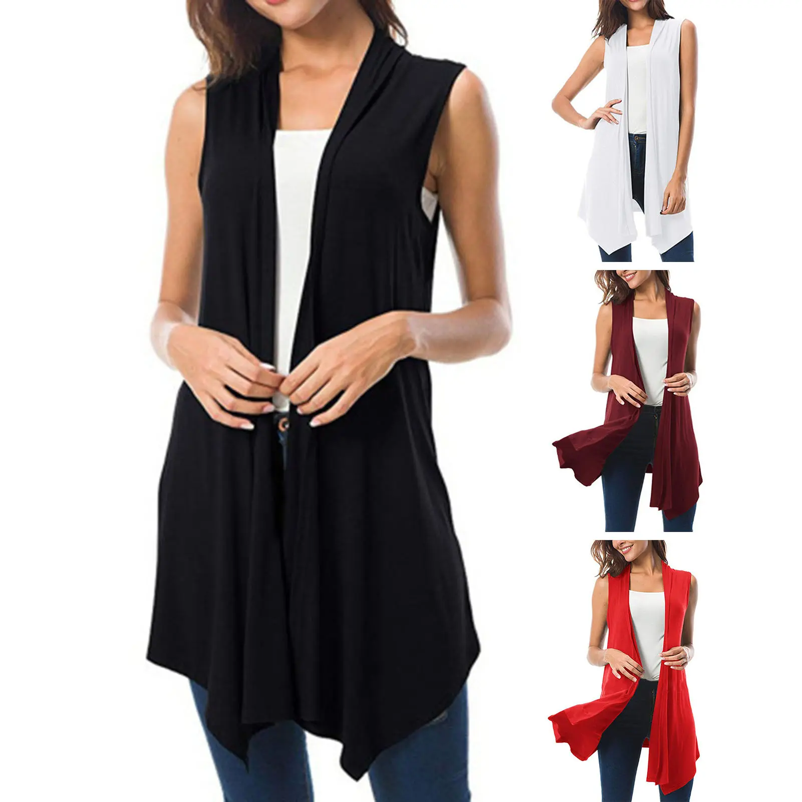 [mfttuget]Women Sleeveless Cardigan Vest Summer Solid Color Open Front Draped Mid-length Asymmetric Hem Waistcoat Lightweight Coat