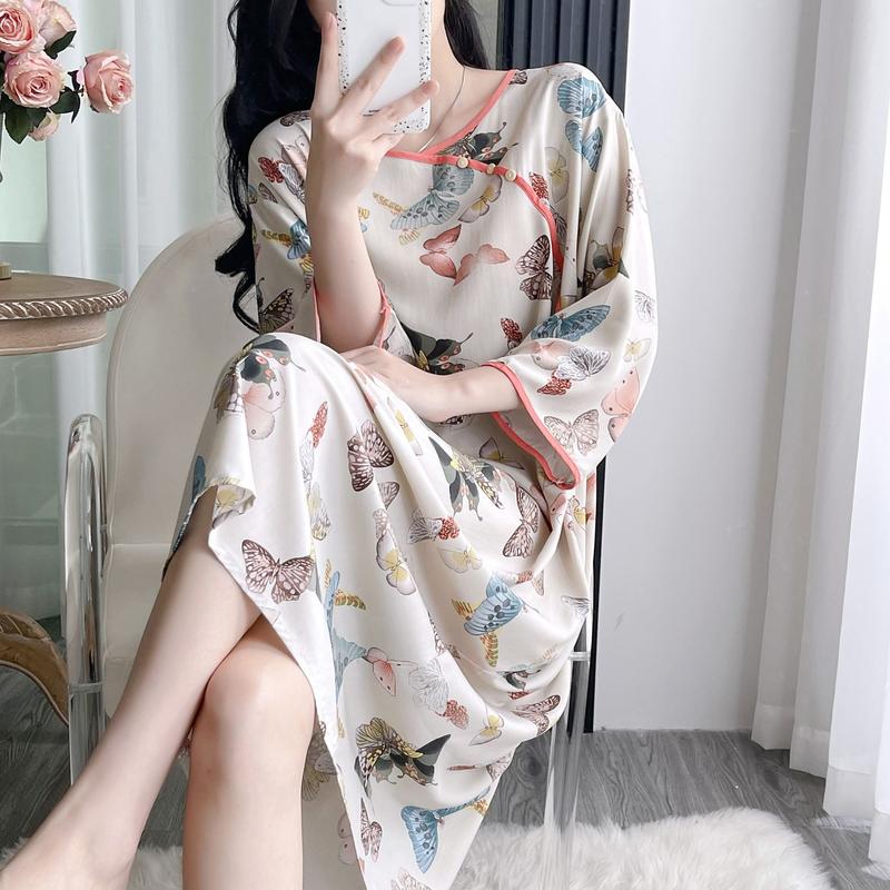 Váy Ngủ Nữ, Phong Cách Trung Quốc Mới, Chất Liệu Lụa Cotton, Tay Lửng, Mỏng Và Thường Ngày, Dáng Rộng Thích Hợp Mặc Hàng Ngày, Đồ Ngủ, Đồ Mặc Nhà, Mùa Xuân Và Mùa Hè Dress Đầm Ngủ Khuy 4