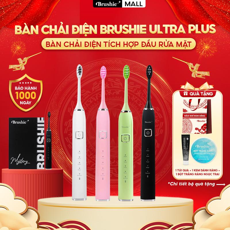 [FLASHSALE] Bàn chải điện Brushie Ultra Plus tích hợp đầu rửa mặt hỗ trợ làm sạch hiệu quả - TẶNG túi kháng chiến + kem đánh răng + bột trắng răng ngọc trai