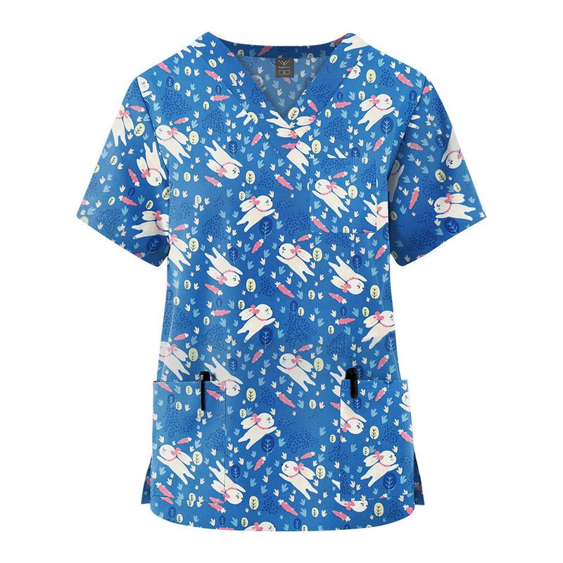 Product Introduction of Newest Fashion Unisex Nurse Doctor Uniform Workwear Scrub Top Cotton V-Neck Short Sleeves Pocket Printed T-Shirt (Size:S-XXL) 27