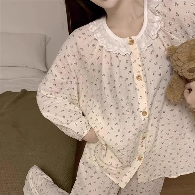 Bộ Đồ Ngủ Nữ, Phong Cách Hàn Quốc, Cỡ Nhỏ Thiết Kế Hoa, Đường Viền Cổ Áo Hoa, Áo Dài Tay Và Quần, Đồ Mặc Nhà Thường Ngày Mẫu Mới Cho Mùa Xuân, Mùa Thu Và Mùa Đông 3