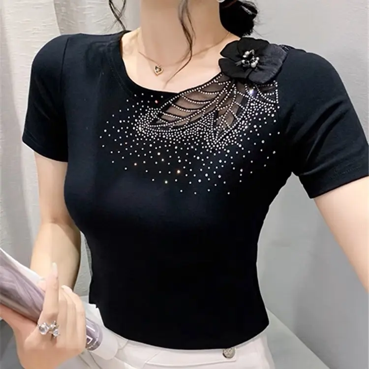 B71 Blouse Heavy Industry Hot Diamond Short Sleeve T-shirt Women's Half Sleeve Shirt