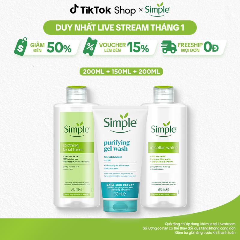 3 FS Combo 3 Skincare Simple Nước Tẩy Trang 200ml Sạch Sâu Ẩm Mịn + Sữa Rửa Mặt Kiềm Dầu Hỗ Trợ Ngừa Mụn 150ml + Nước Hoa Hồng Làm Dịu & Cân Bằng Da 200ml - Dành Cho Da Dầu Mụn