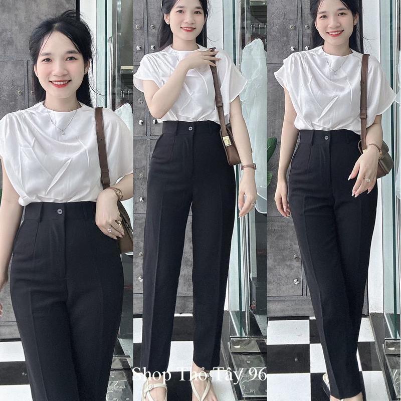 Quần tây baggy cơ bản 1 nút 2 cúc lưng cao màu Đen Xanh Đen dáng quần baggy học sinh đi học vải dày co giãn nhẹ đáy cao mặc thoải mái