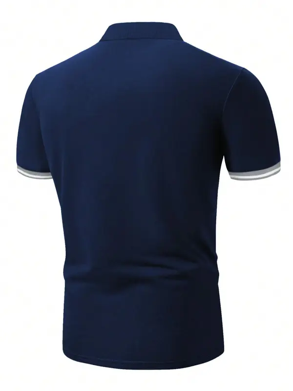 Men's Patchwork Letter Print Polo Shirt, Regular Fit Casual Short Sleeve Button Top, Fashion Men's Clothes for Summer 1