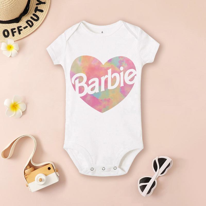 Product Introduction of Barbie Cartoon Fashion Printed Baby Girl Bodysuit Baby Trend Short Sleeve Jumpsuit Newborn Pajamas 1