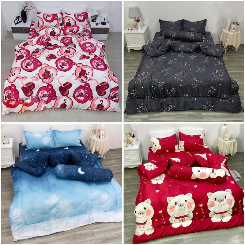 Sét 5 món Chăn Phao siêu nhẹ 1 Chăn Phao+ 1 Ga + 2 Vỏ gối nằm + 1 Vỏ ôm Chăn Phao trần bông 1m8 x 2m Vải Cotton Poly in 3D cao cấp