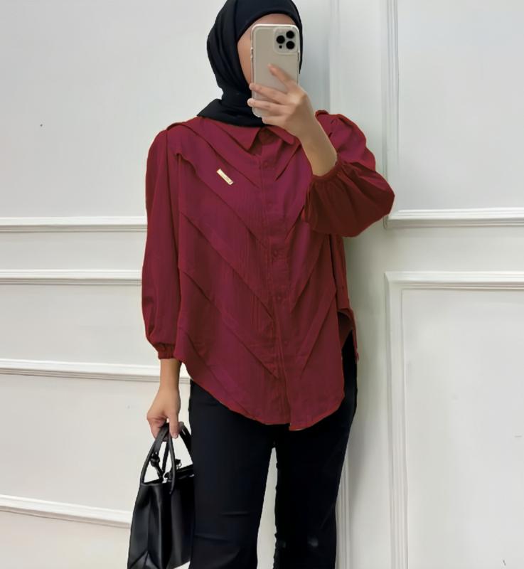 Kemeja Winuri Wanita Polo Linen Polos Lengan Balon M L XL XXL Cantik Formal Busui Panjang Atasan Variasi 7