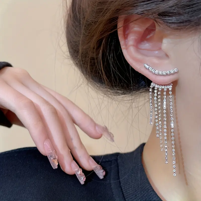 Silvery Chain Tassel With Sparkling Zirconia Inlaid Dangle Earrings Elegant Luxury Style Copper Silver Plated Jewelry Banquet Ear Ornaments 4