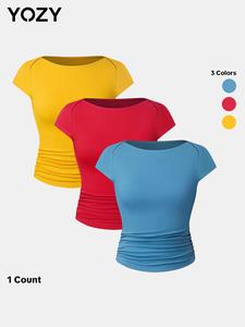 YOZY Plain Ruched Ribbed Boat Neck Tee/ Casual Cap Sleeve T-Shirt, Fashion Women's All Seasons Top for Daily Outdoor Wear