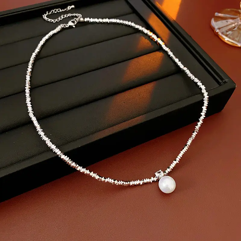 Kalung Wanita Perak Remuk dengan Mutiara - Desain Elegan Eksklusif, Tampil Berkelas