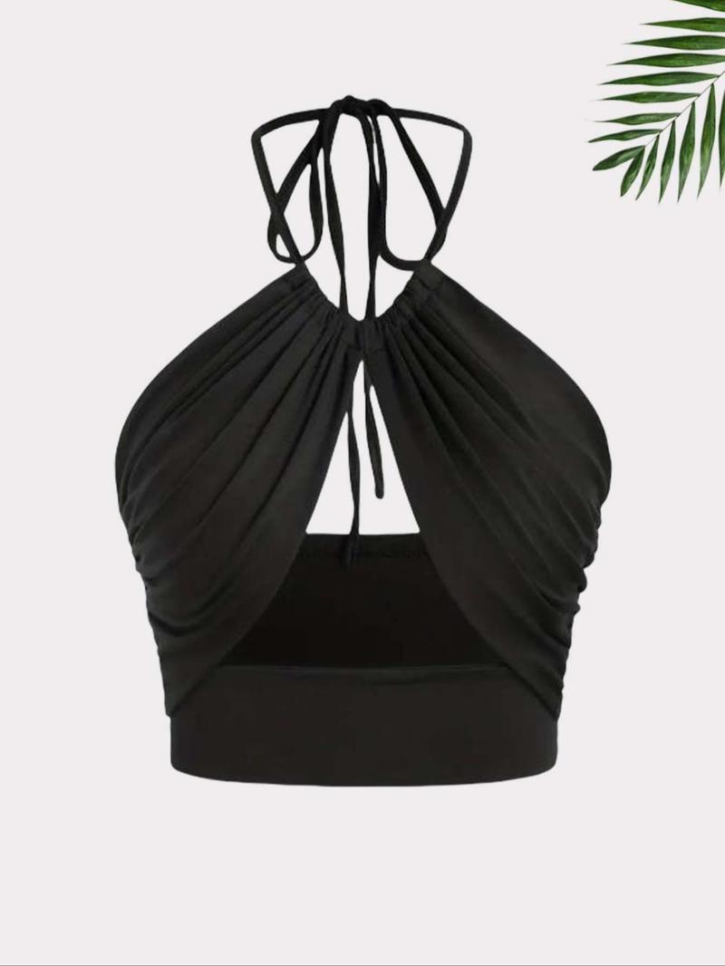 Product Introduction of Women's Solid Ruched Tie Back Halter Top & Ruffle Skirt Set, Sexy Chic Backless Sleeveless Top & Tiered Layer Skirt, Ladies Summer Clothes for Beach Holiday Vacation, Womenswear 3