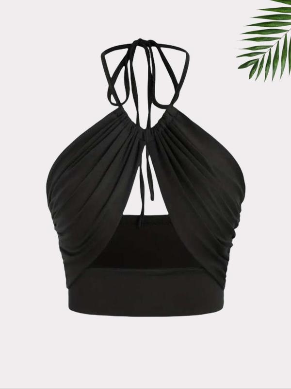 Women's Solid Ruched Tie Back Halter Top & Ruffle Skirt Set, Sexy Chic Backless Sleeveless Top & Tiered Layer Skirt, Ladies Summer Clothes for Beach Holiday Vacation, Womenswear 2
