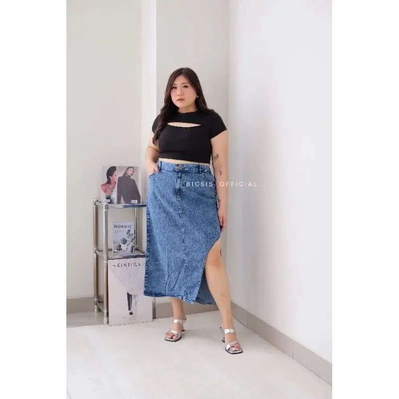 Rok span jeans size 4-6XL varian belah dan sobek pinggang karet - rok body sexy plus varian baru Wanita Panjang 3