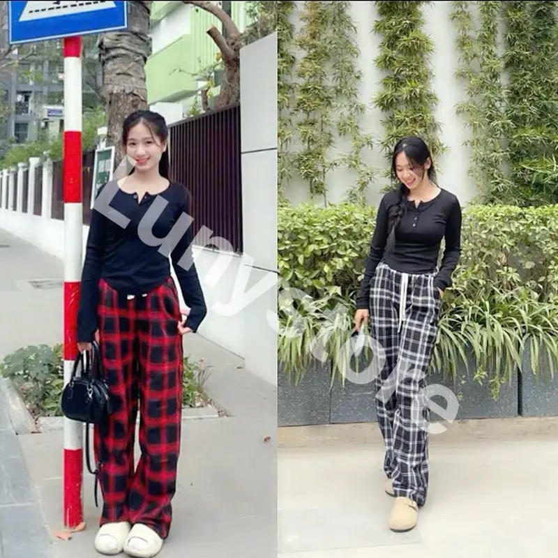 Combo  2 Quần  Kẻ Sọc Caro nhiều màu sắc xinh sắn   Hottren 2024 quần  ống  Rộng quần  flannel quần  caro lười Nữ Women 2025 Nhung Ong Pants Nho 2quan