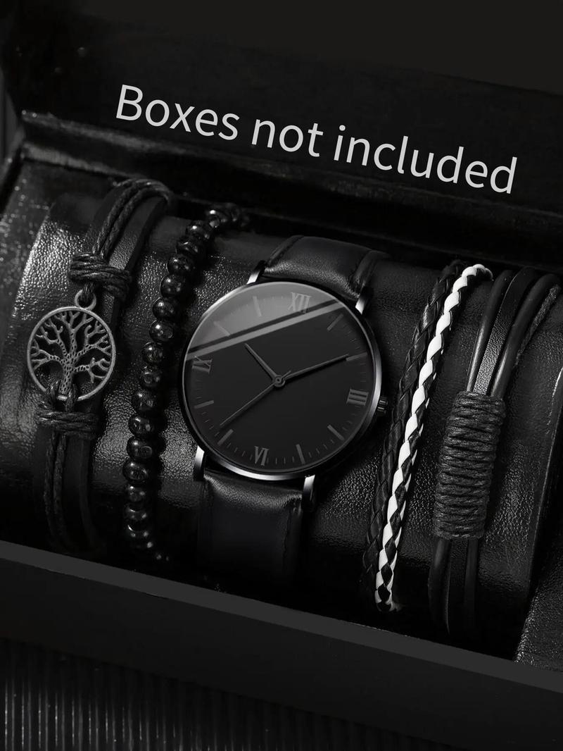 Product Introduction of Buckle Round Dial Analog Quartz Watch & Drawstring Beaded Bracelet Without Box, 2024 Fashion Trendy Style Wristwatch & Matching Bracelets Set for Men, Gift for Boys 8