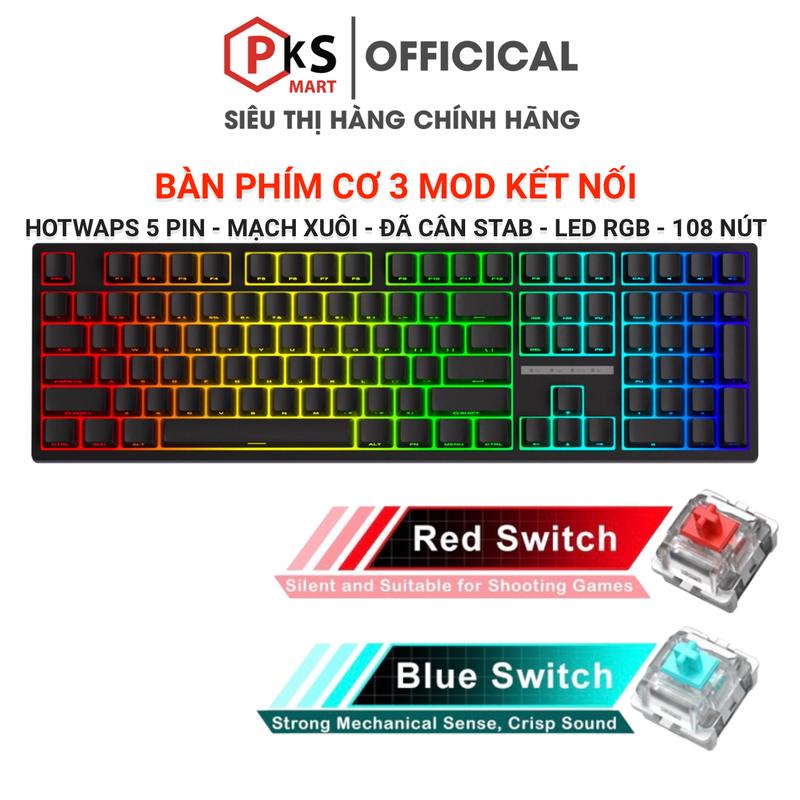 PKSMART - HW108 - Bàn Phím Cơ 3 Mode Kết Nối - LED RGB Đổi Màu - HOTSWAP Shocket 5Pin - Đã Cân Stab - Antin Ghosting Full Phím - Pin Sạc 3000 mAh - Kết Nối Có Dây - Không Dây Bluetooth 3.0, 5.0 - USB 2.4g - Kết Nối Có Dây TYPE-C -> USB - 108 Key