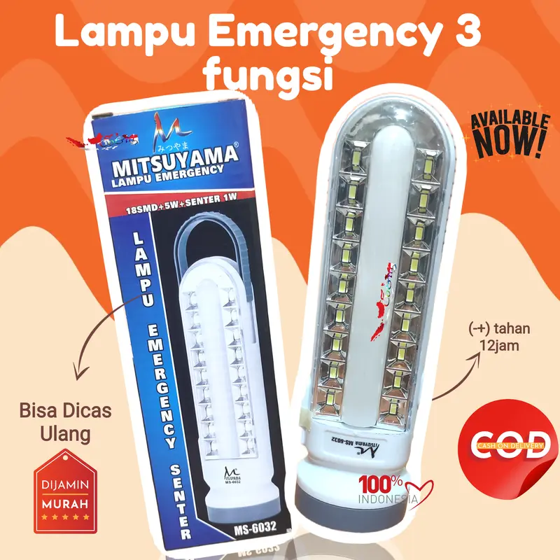 Lampu Emergency 18 LED Mitsuyama Cas Ulang + Senter 5Watt Mitsuyama Emergency Serbaguna 2 Tampilan Bergaransi 0