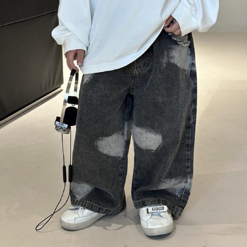 Quần jean loang trắng cho bé màu gi xám ống quần to rộng dáng xuông size 90-140.