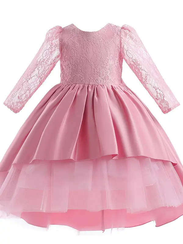 Girl's Contrast Lace Bow Decor Tiered Layer High Low Hem Satin Dress, Elegant Puff Sleeve Round Neck Midi Dress for Party Wedding Guest, Kids Clothes for All Seasons 2