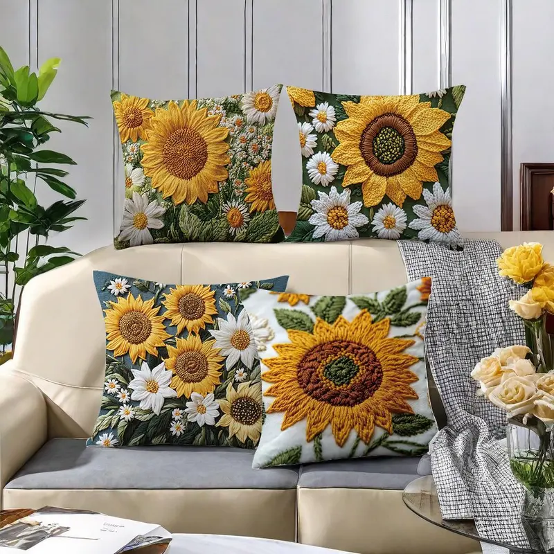 Sunflower & Daisy Pattern Cushion Cover, 4 Counts/set Floral Pattern Cushion Cover without Filler, Household Decoration Supplies for Home Living Room Bedroom 2