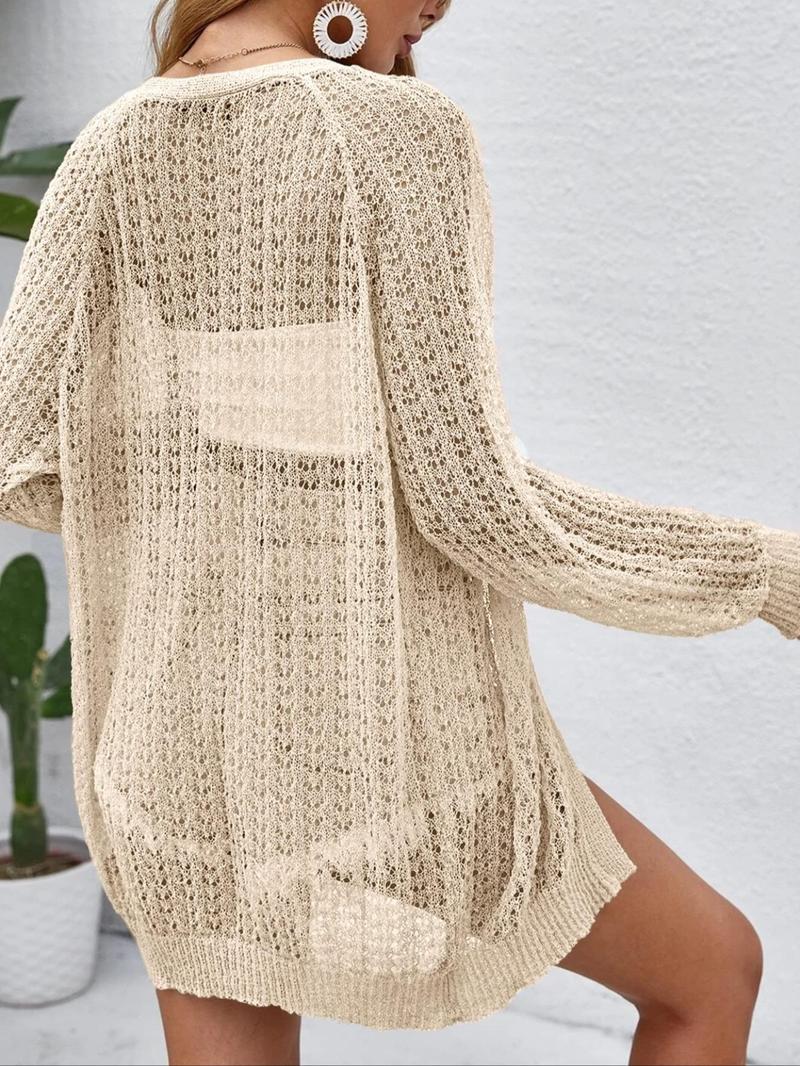 Product Introduction of Women's Solid Color Hollow Out Long Sleeve Cardigan, Casual Open Front Knitwear for Summer, Fashion Women's Knit Clothing for Daily Wear, Going Out Tops 4