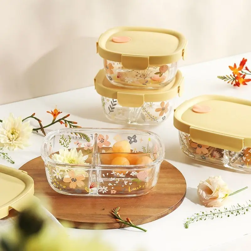 Spring Flower Glass Sealed Lunch Box Borosilicate Bento Box Glass Lunch Box Divided Bento Box Compartment Lunch Box Glass Salad Box Sealed Crisper Bento Box Food Crisper Bag