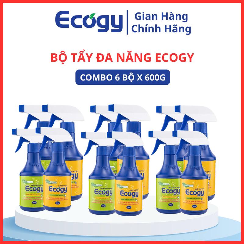 ECOGY ; COMBO 6 BỘ TẨY ĐA NĂNG ECOGY 600G 2 CHAI; Hỗ trợ làm sạch mốc thâm kim vế két mồ hôi vết bẩn từ đồ ăn dính trên quần áo; Làm sạch mốc trên cao su nhựa sư gạch men inox. Dạng nước có vòi xịt