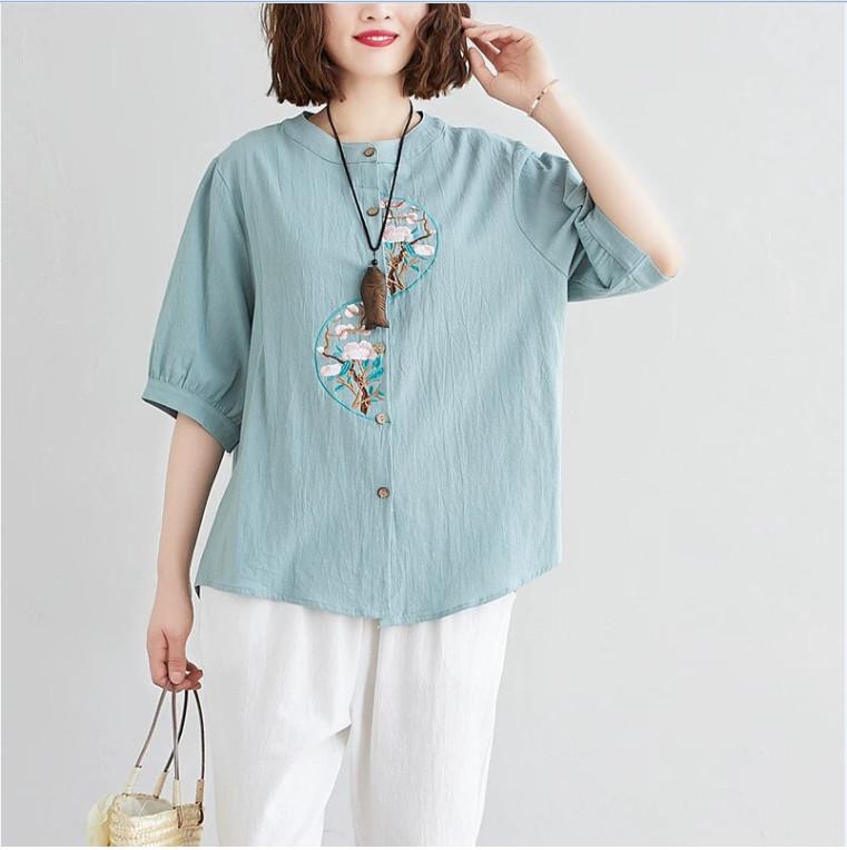 Áo Trung Niên Nữ Cổ Tròn Thêu Họa Tiết Chất Đũi Xước Nhật Phong Cách Hàn Quốc Top Women 2