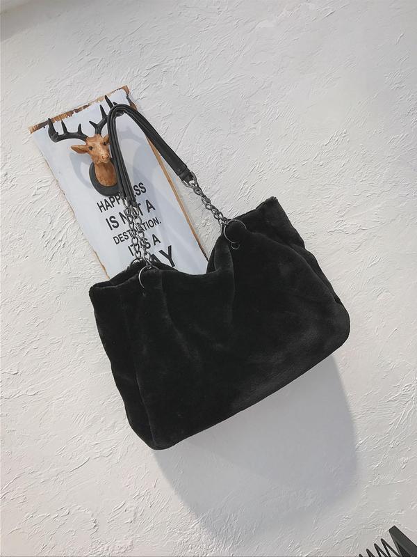 Women's Elegant Minimalist Fluffy Tote Bag, Casual Versatile Trendy Fuzzy Shoulder Bag with Chain Strap, 2025 New Tote Bag for Fall & Winter 3