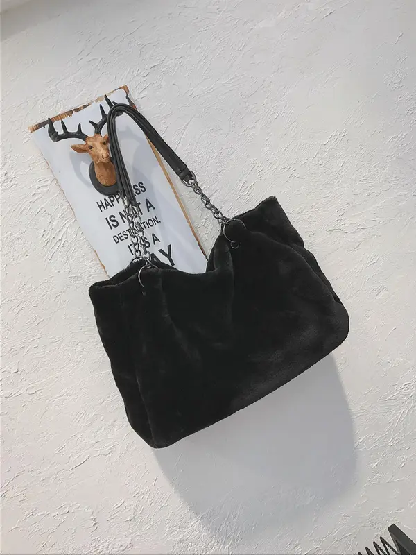 Women's Elegant Minimalist Fluffy Tote Bag, Casual Versatile Trendy Fuzzy Shoulder Bag with Chain Strap, 2025 New Tote Bag for Fall & Winter 3