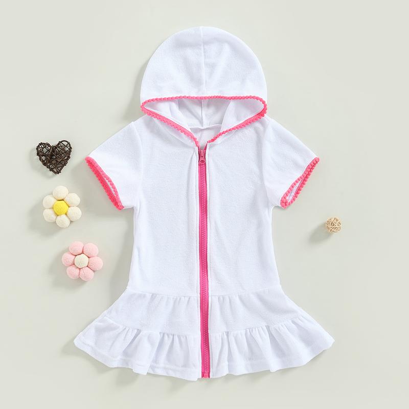Girls Swim Cover Up, Terry Bathing Suit Coverup Short Sleeve Zip Up Beach Dress for Kids Advised Age: 2-10 Years 1