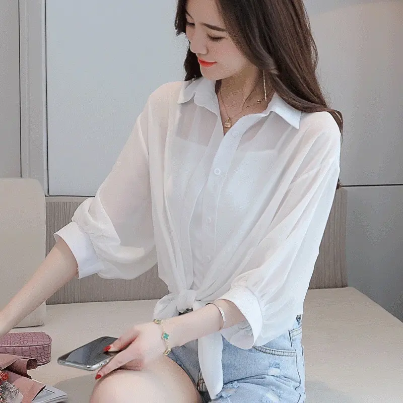 Sét áo sơ mi voan tay lủng kèm áo 2 dây trắng sang chảnh 0