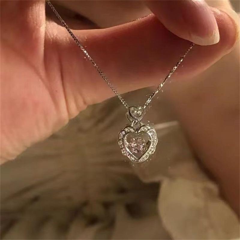Korea Pink Crystal Pendant Heart Necklace For Women Girls Ins Niche Design Sweet Versatile 6