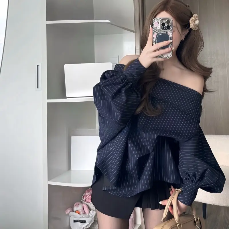 Áo Trễ Vai Kẻ Dọc Xanh Chất Chéo Thái Form Rộng Tay Phồng Cánh Rơi 4
