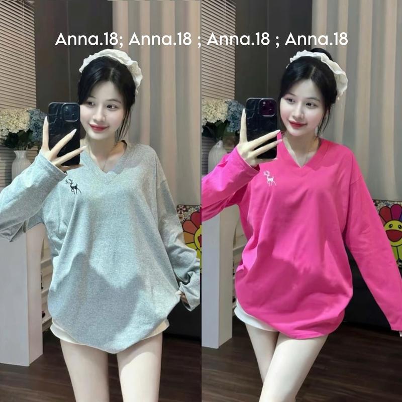 Áo phông cotton khô form rộng<70 kg (DÀI TAY- HƯƠU CỔ TIM  )  top nữ