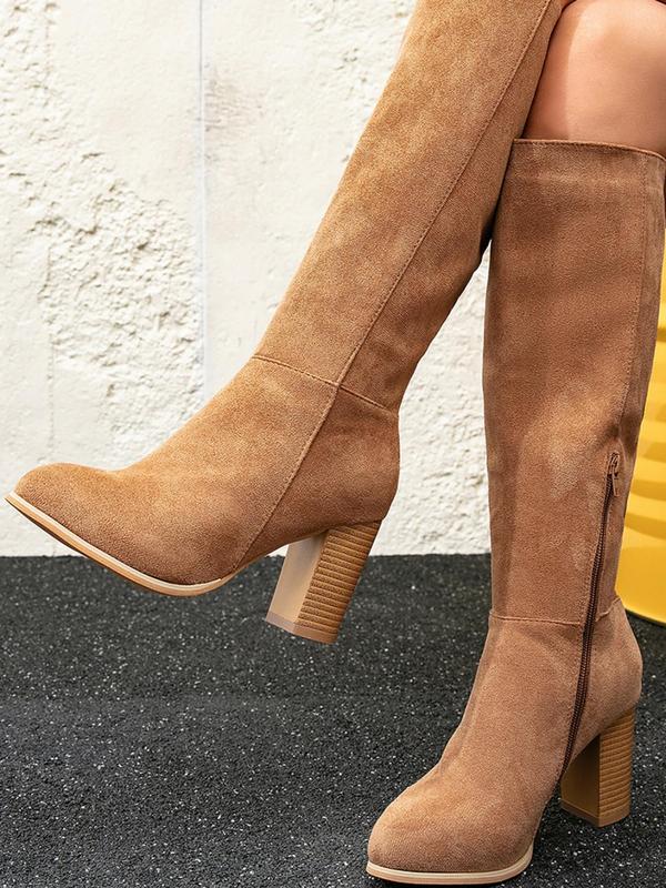 Women's Fashionable Solid Zipper Design Boots, Casual Comfortable Knee High Heels Boots for Daily Wear, Non-slip All Match Pointed Toe Winter Shoes for Party, Club 6