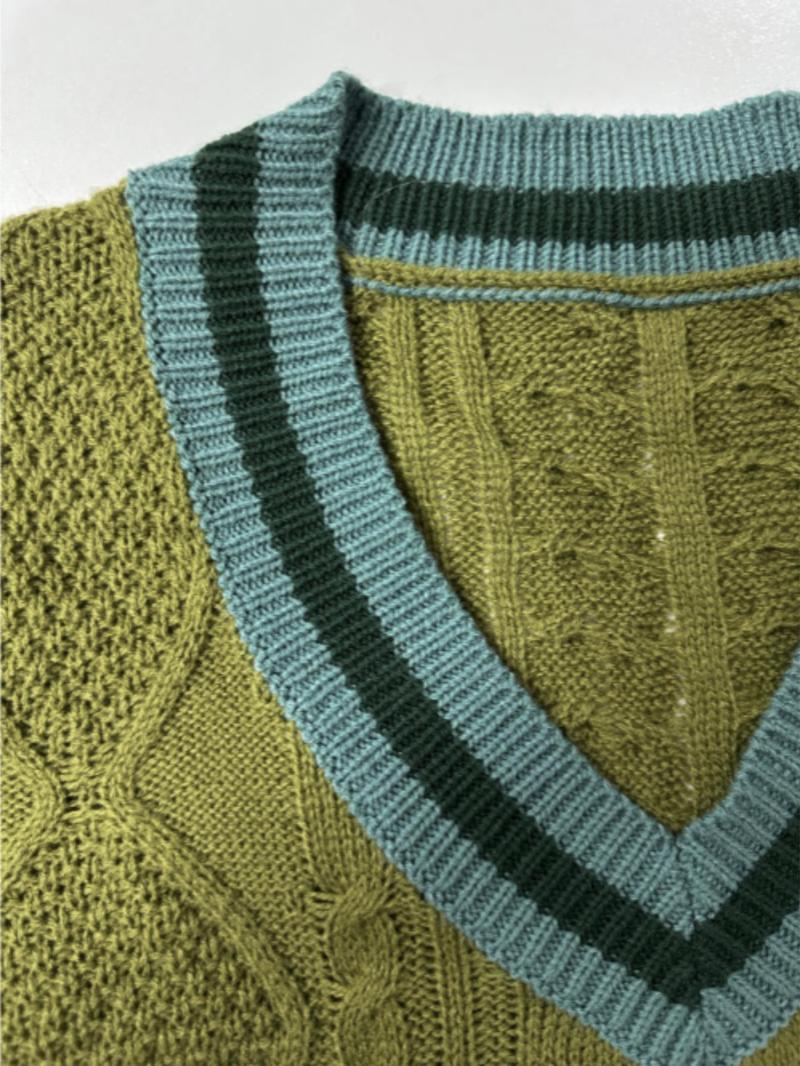 Product Introduction of Women's Contrast Binding Split Hem Cable Knit Sweater Vest, Casual V Neck Sleeveless Jumper Vest for Fall & Winter, Fashion Ladies' Knitwear for Daily Wear 6