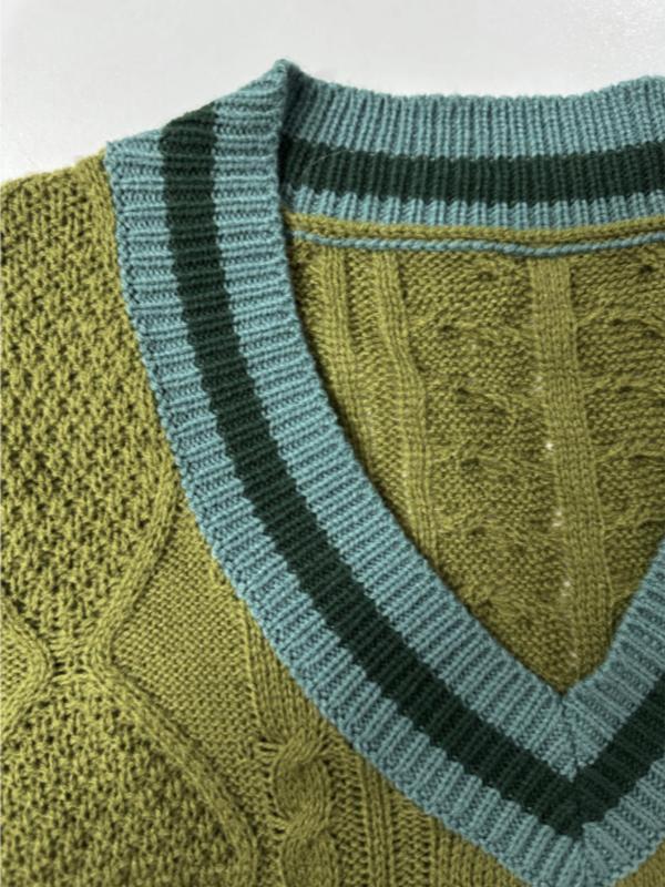 Women's Contrast Binding Split Hem Cable Knit Sweater Vest, Casual V Neck Sleeveless Jumper Vest for Fall & Winter, Fashion Ladies' Knitwear for Daily Wear 5