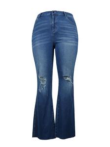 【Plus Size】 Solid Ripped Flare Leg Jeans, Casual Button Pocket Denim Trousers for Women, Women's Bottoms for Fall & Winter