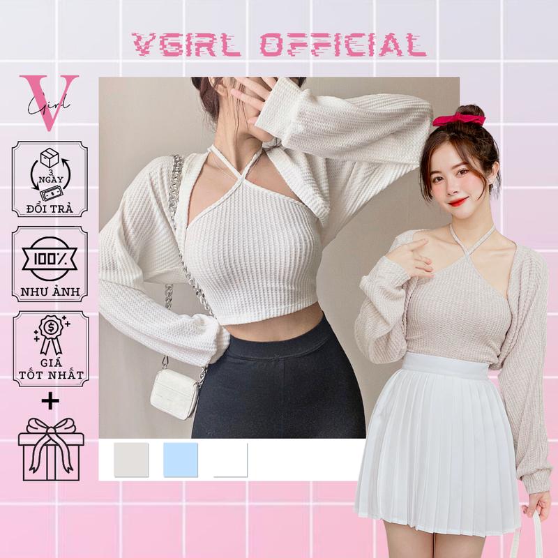  Set áo croptop cổ yếm kèm áo khoác cardigan tay bồng khoác lửng chất len mềm 