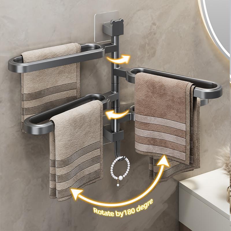 Product Introduction of Wall Mounted Towel Rack, 1 Count Multi Layer Punch Free Towel Holder with Hook, 180 Degree Rotatable Towel Storage Rack, Home Organizer for Bathroom 3