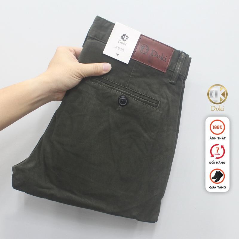 Quần Kaki Nam Doki Cao Cấp Màu Rêu đậm DKC, Quần Kaki Dáng Ôm Đứng Chất Vải Cotton Thun Co Giãn Dày Dặn, Không Nhăn Bai Xù